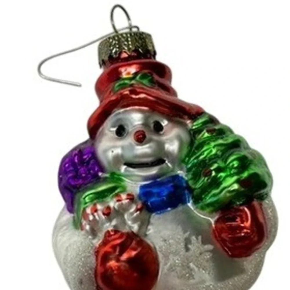 Glass Snowman Christmas Ornament Red‎ Hat Tree Snowflake Sparkle Gifts Retro